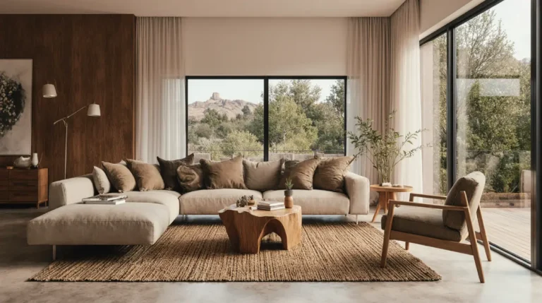 Earth tones interior design featuring warm beige sofa and wooden accents