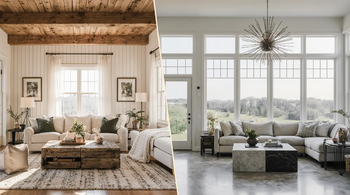 Farmhouse vs modern interior design comparison showing rustic wood beams and cozy textures alongside sleek minimalist furniture and clean lines