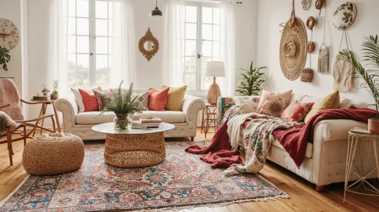Eclectic living room showcasing global bohemian interior design ideas with colorful textiles, rattan furniture, and handmade decor.