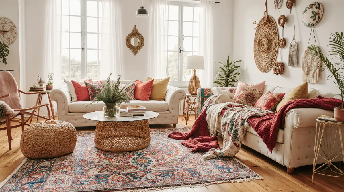 Eclectic living room showcasing global bohemian interior design ideas with colorful textiles, rattan furniture, and handmade decor.