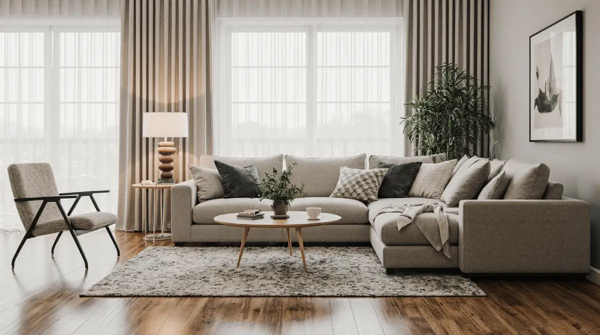 Living room showing home decor mistakes to avoid, including cluttered furniture and poor lighting.