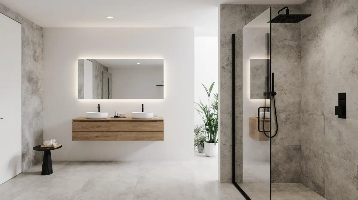 Minimalist bathroom decor with floating vanity and neutral tones