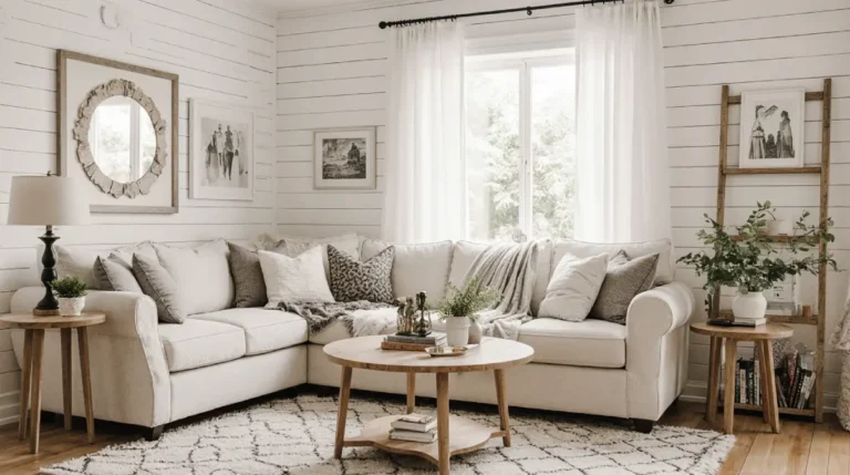 Modern farmhouse living room showcasing cozy rustic decor, natural wood furniture, and stylish modern farmhouse decor ideas.