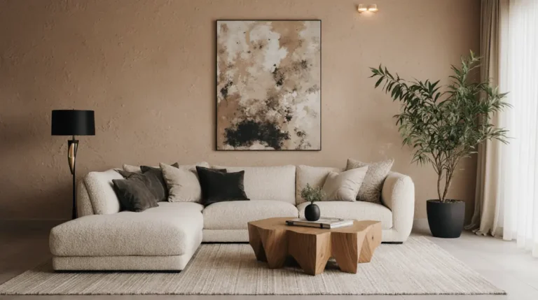 Modern living room design trends 2026 featuring curved sofa and warm neutral tones