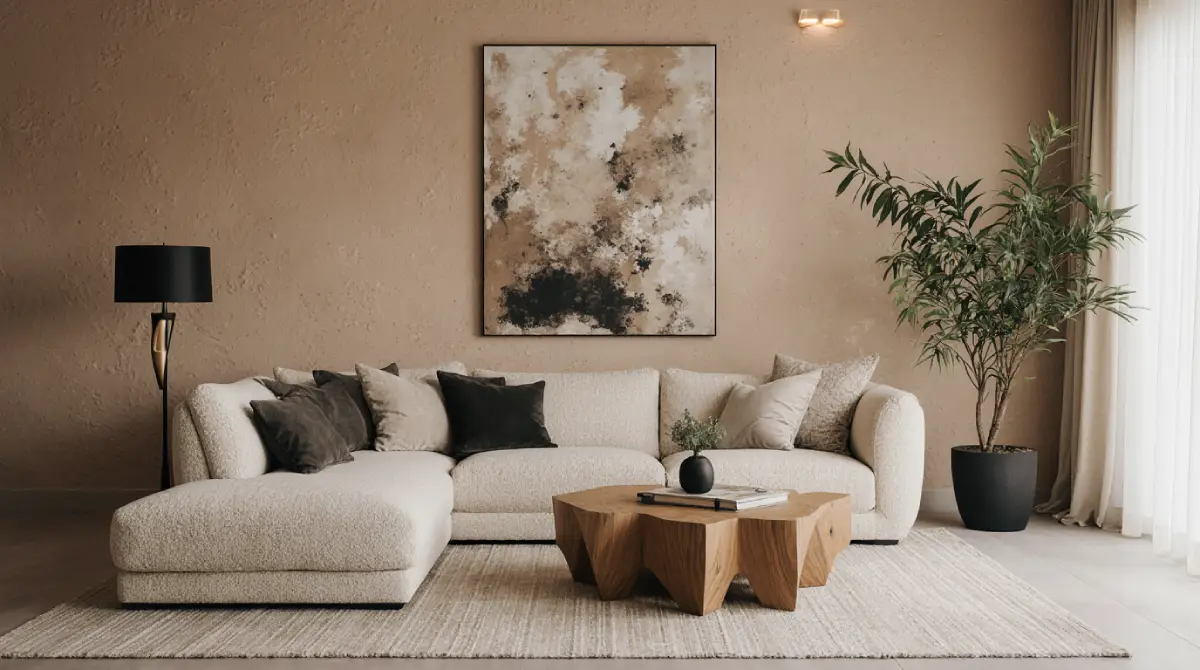 Modern living room design trends 2026 featuring curved sofa and warm neutral tones