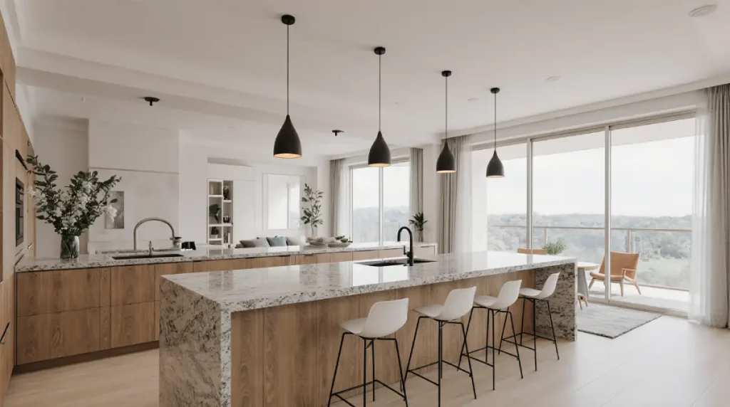 Open kitchen decor ideas with modern island and neutral color palette