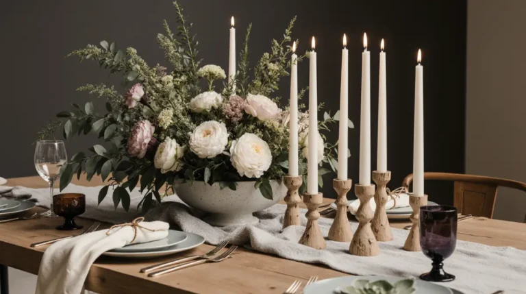 Rustic dining table centerpiece ideas featuring fresh flowers, wooden trays, and farmhouse decor accents.