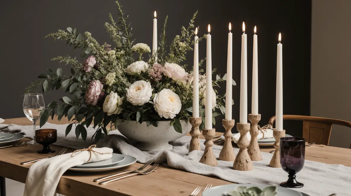 Rustic dining table centerpiece ideas featuring fresh flowers, wooden trays, and farmhouse decor accents.