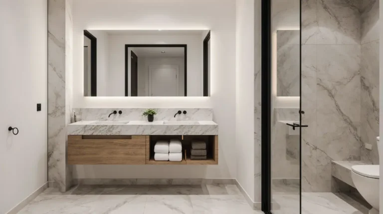 Small modern bathroom decor ideas with sleek fixtures and smart storage