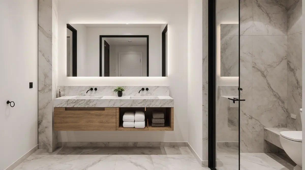 Small modern bathroom decor ideas with sleek fixtures and smart storage