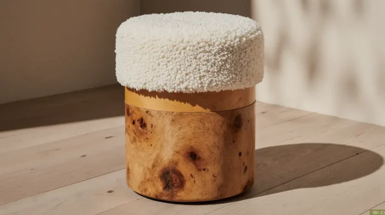 “Burlwood & Bouclé Stool in modern living room setting”