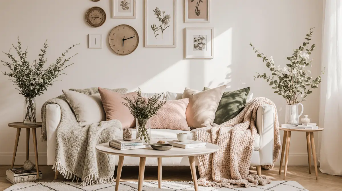 Cottagecore home decor ideas featuring cozy vintage furniture, floral accents, and soft natural tones