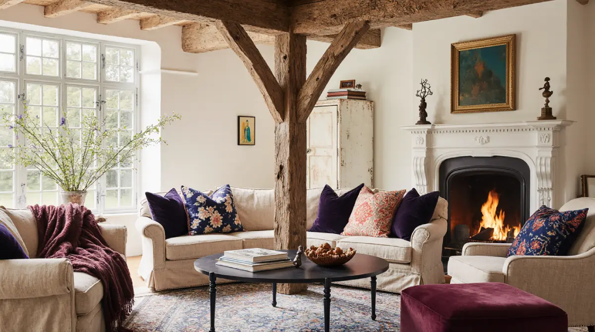English cottage interior design ideas with floral sofa and vintage decor