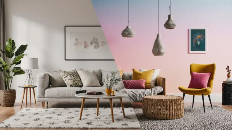 Minimalist vs Maximalist home decor ideas showing a clean modern living room next to acolorful, layered living room”