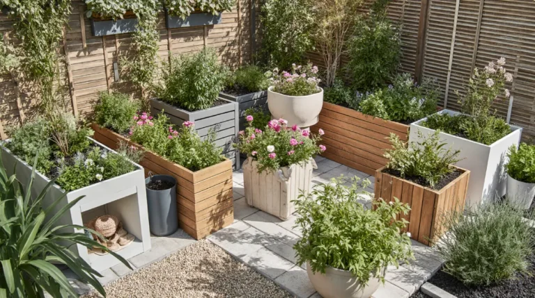 “Creative DIY planter ideas for small gardens with colorful pots, lush greenery, and modern outdoor décor”