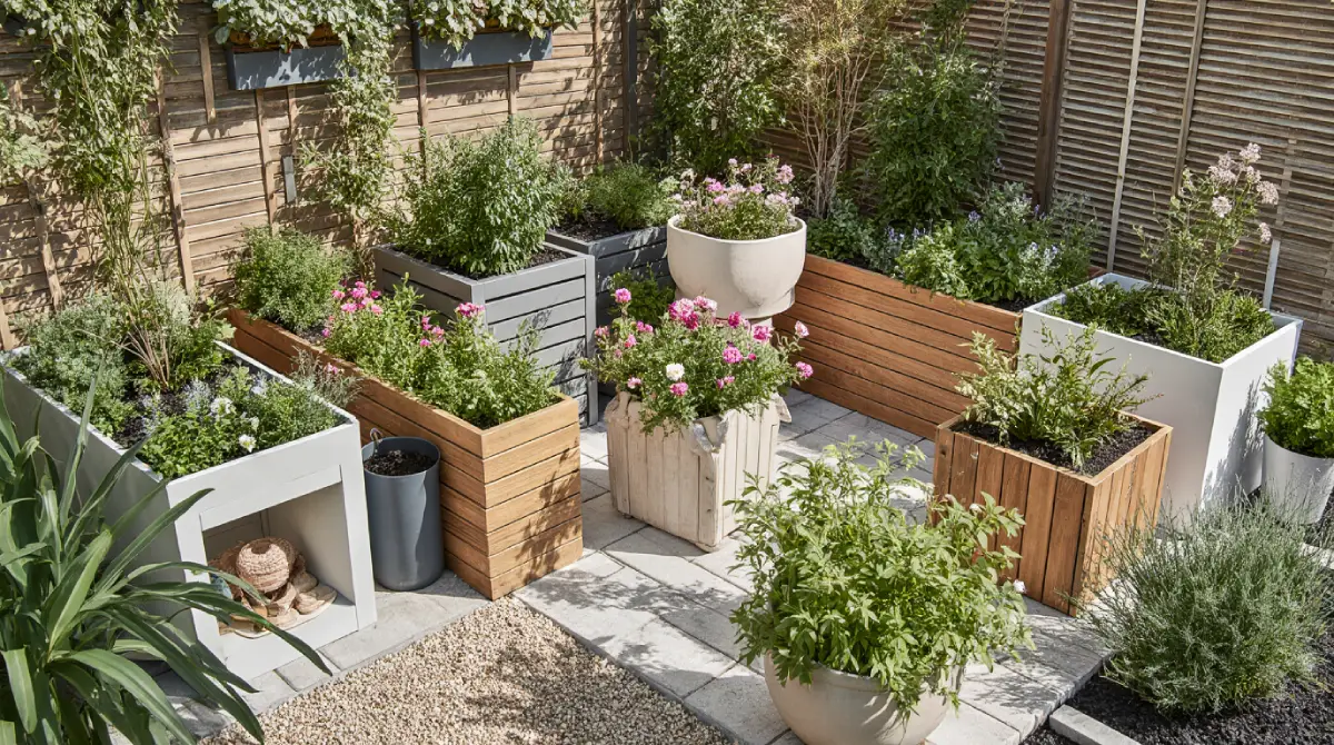 “Creative DIY planter ideas for small gardens with colorful pots, lush greenery, and modern outdoor décor”