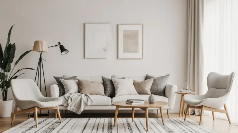 Neutral living room with beige sofa and wooden accents – “Neutral interior design living room featuring beige sofa, wooden coffee table, and soft textiles for a calming aesthetic.”