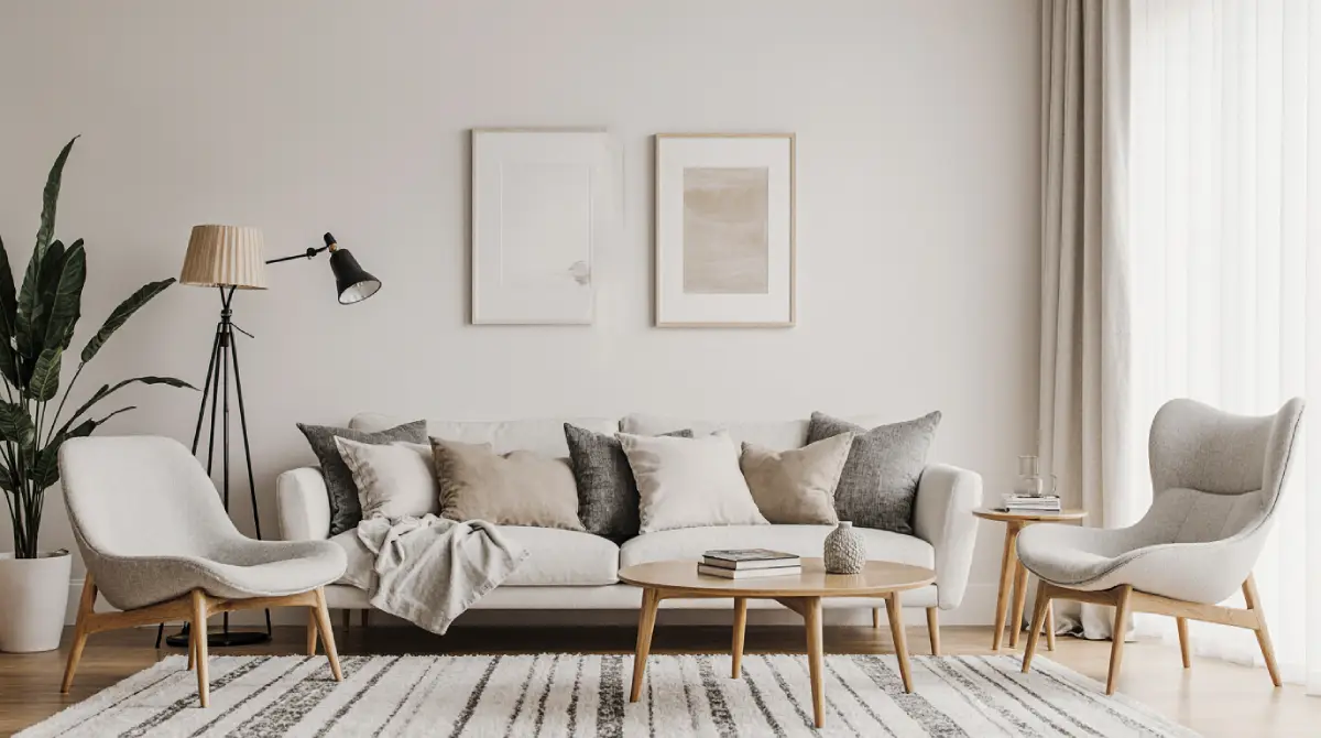 Neutral living room with beige sofa and wooden accents – “Neutral interior design living room featuring beige sofa, wooden coffee table, and soft textiles for a calming aesthetic.”