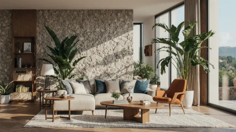 “Modern living room featuring organic interior design elements for homes with natural wood, plants, and stone textures”