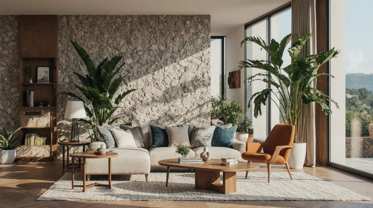 “Modern living room featuring organic interior design elements for homes with natural wood, plants, and stone textures”