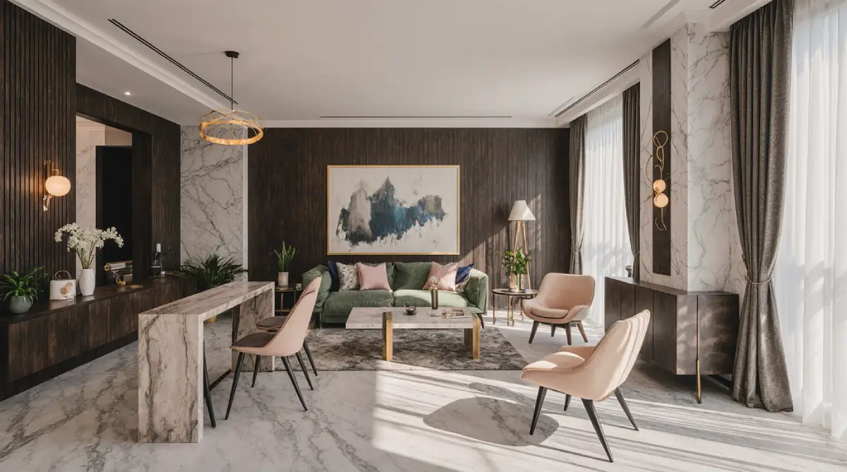 Quiet luxury interior design ideas in a modern living room with muted tones and elegant furnishings.