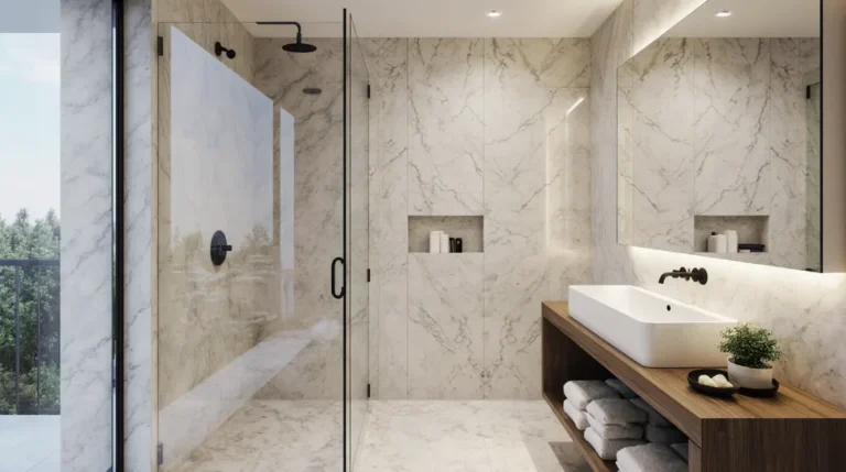 “Small elegant bathroom décor ideas with marble accents and gold fixtures in a compact space”