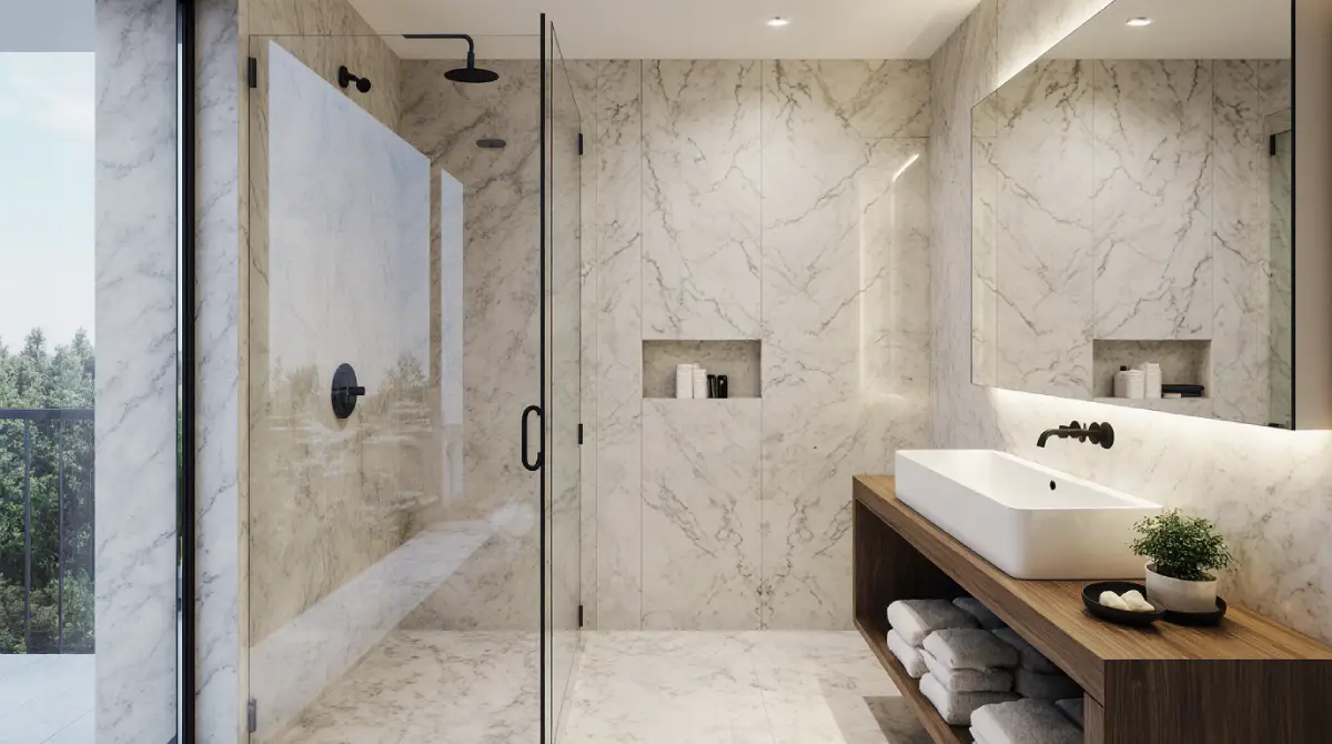 “Small elegant bathroom décor ideas with marble accents and gold fixtures in a compact space”