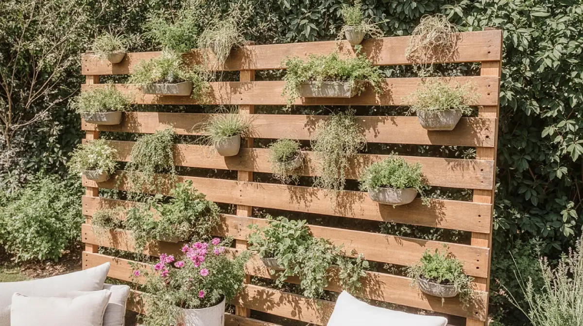 Backyard Pallet Garden Decor with vertical flower planters on a wooden pallet wall