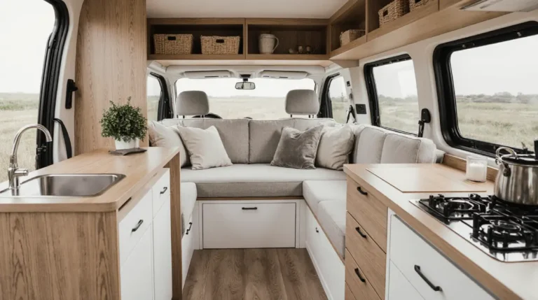 modern camper interior design with wood finishes