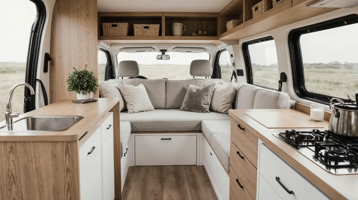 modern camper interior design with wood finishes