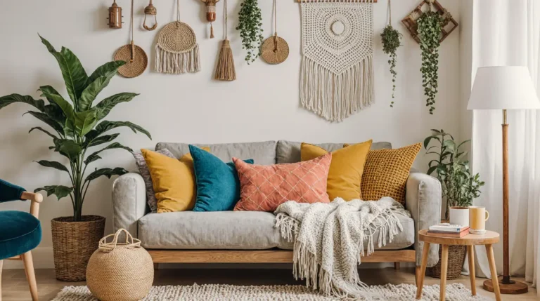 How to create boho style in small spaces: cozy living room with rattan furniture and colorful cushions