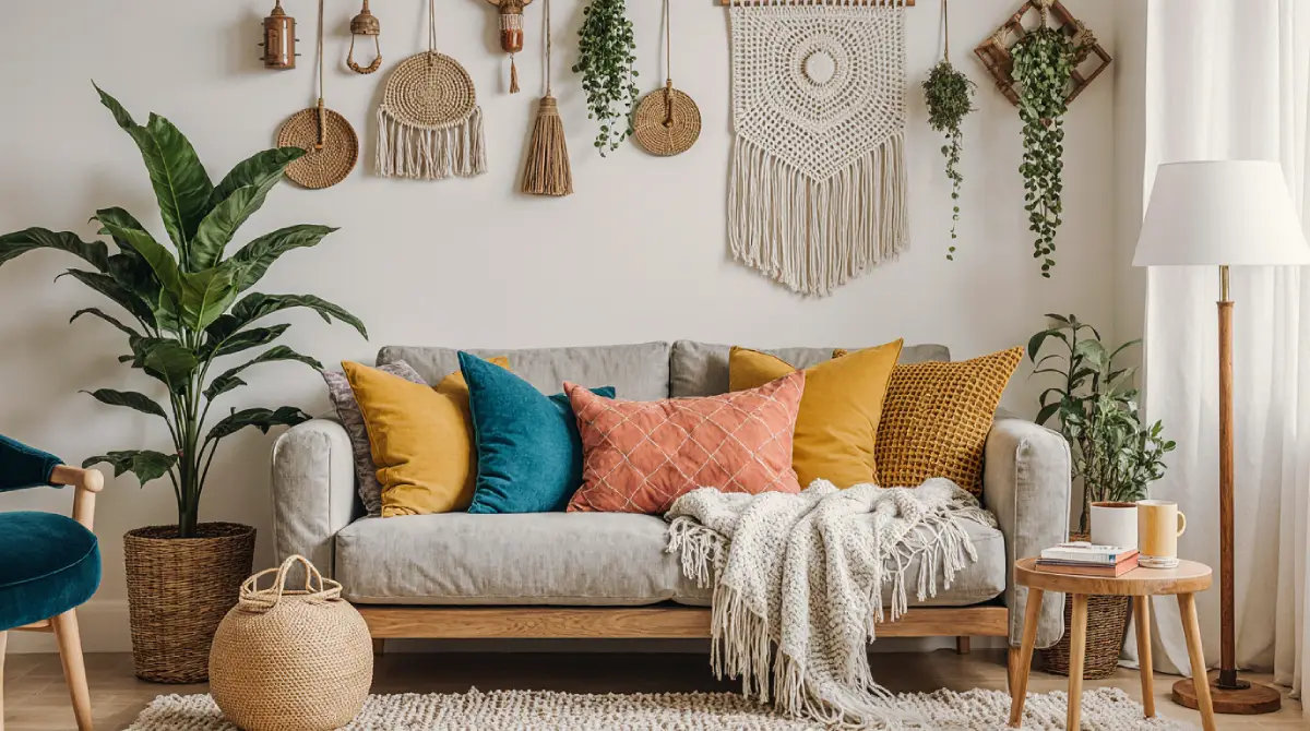 How to create boho style in small spaces: cozy living room with rattan furniture and colorful cushions