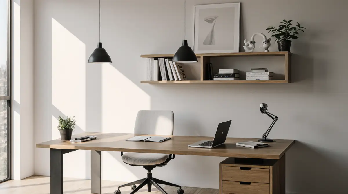 Small office design solutions with modern minimalist furniture and smart storage layout