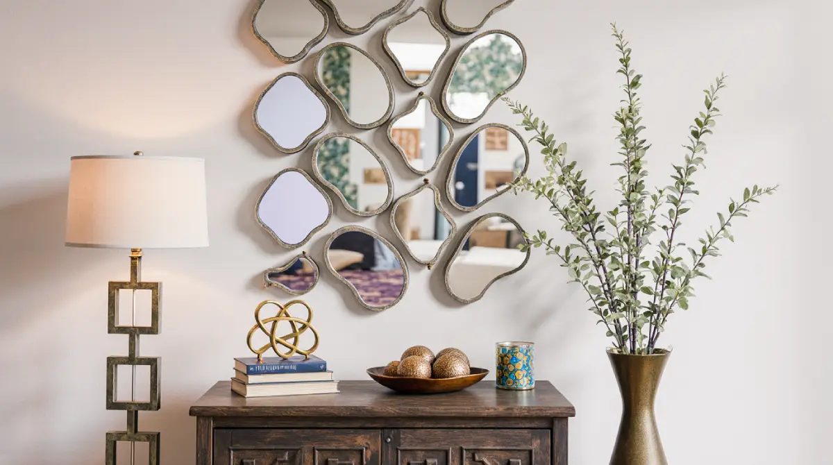 Modern wall art hanging in a bright living room interior