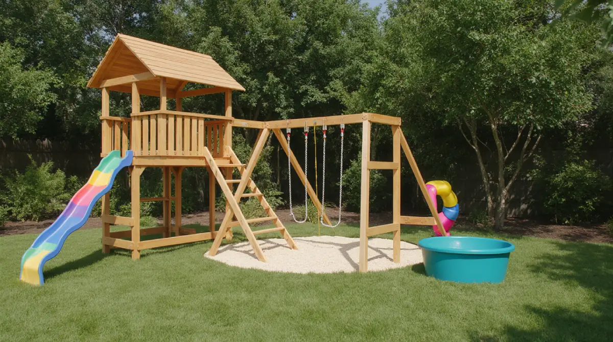 DIY backyard kids playground ideas with swings and slide