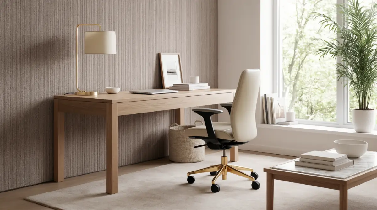 Minimalist home office decor with clean desk setup and neutral tones