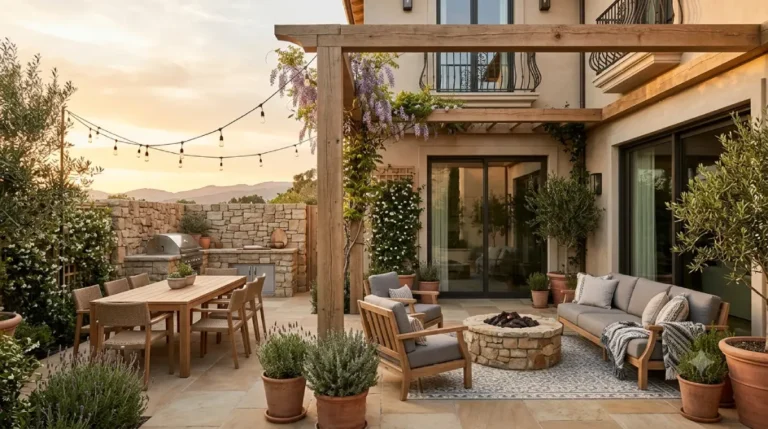 European Patio Ideas with rustic wooden furniture and string lights