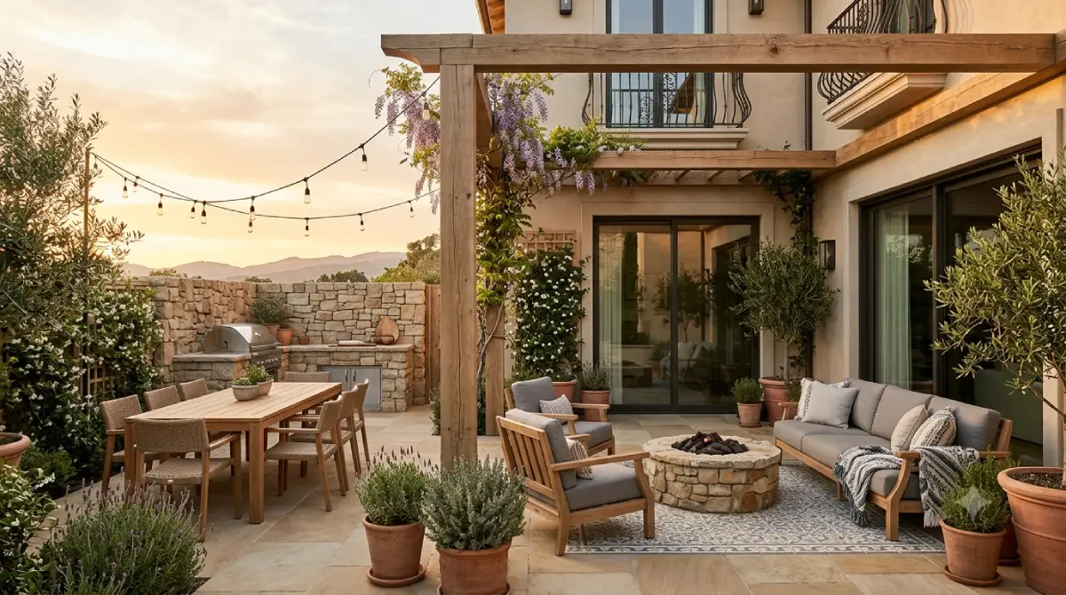 European Patio Ideas with rustic wooden furniture and string lights