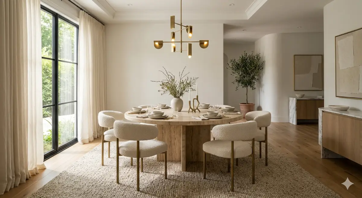 Luxury modern dining room with marble table and designer chandelier