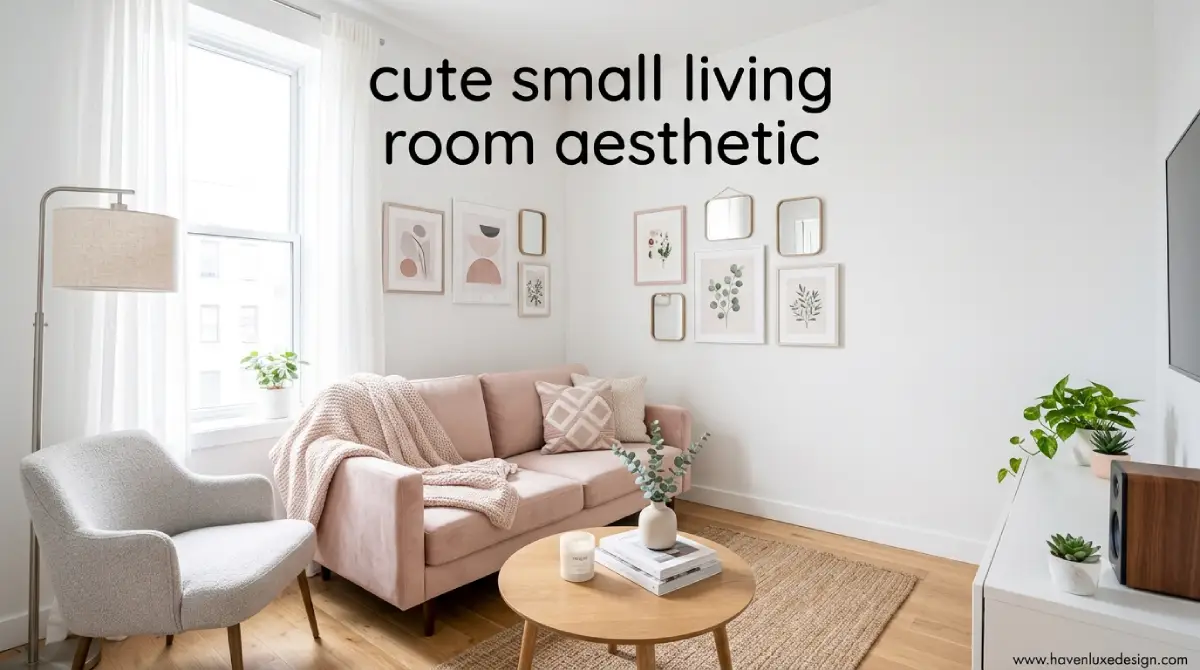Cute small living room aesthetic with cozy neutral sofa and pastel decor
