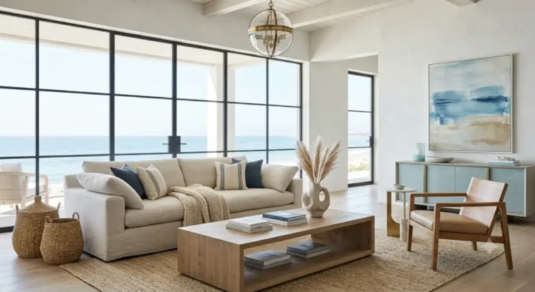 Relaxed coastal home decor ideas with neutral living room styling