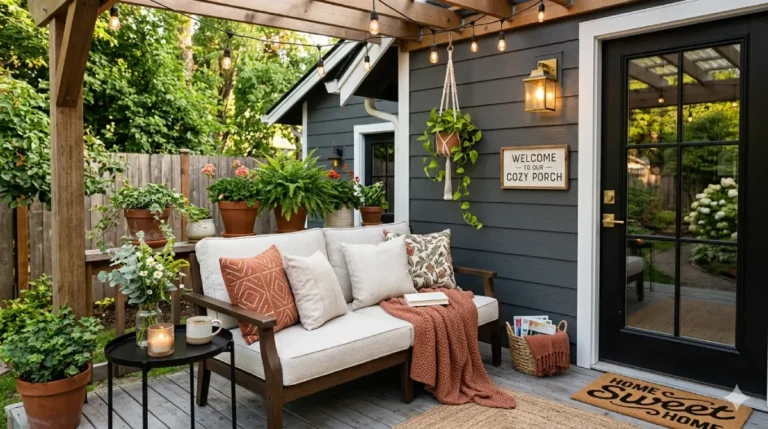 Small cozy porch ideas on a budget with string lights