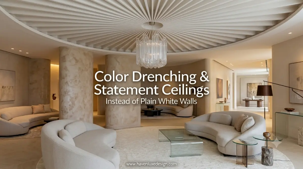 Image Alt Text: Modern living room featuring statement ceiling paint ideas with bold ceiling color and contemporary interior design.