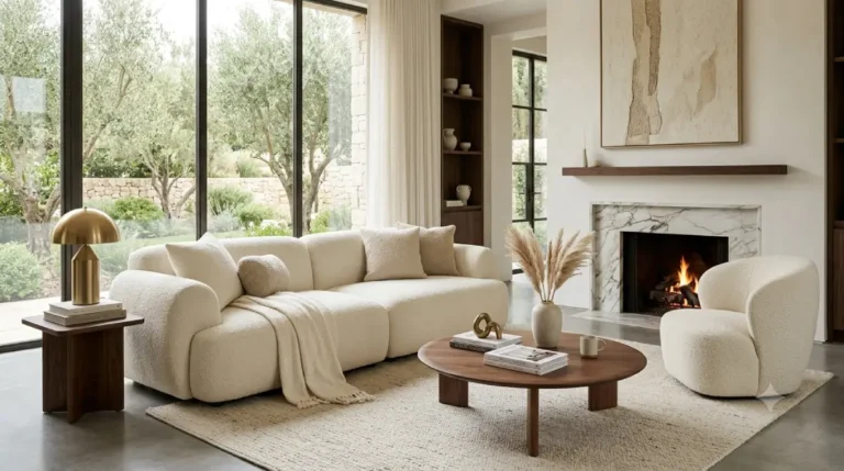 Cream bouclé sofa showcasing the Bouclé Trend 2026 in a luxury living room