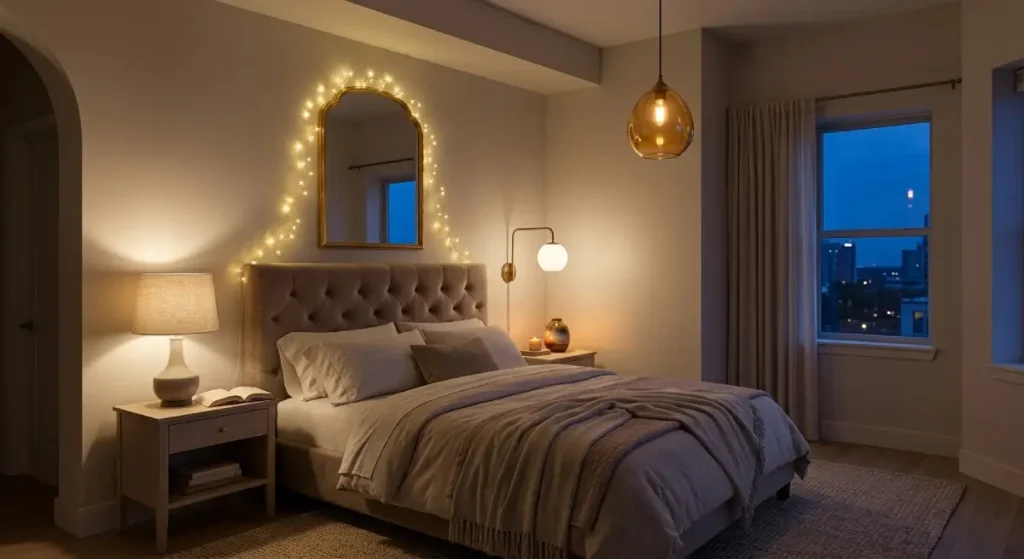 Warm layered lighting in a cozy whimsical bedroom featuring string lights around a arched mirror, a wall sconce, bedside lamp, and a modern pendant light.