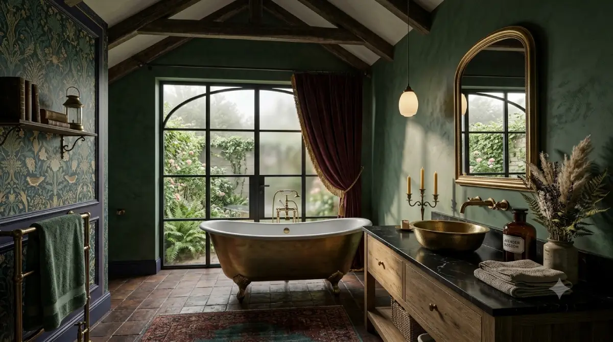Moody Cottagecore Bathroom Inspiration with vintage clawfoot bathtub