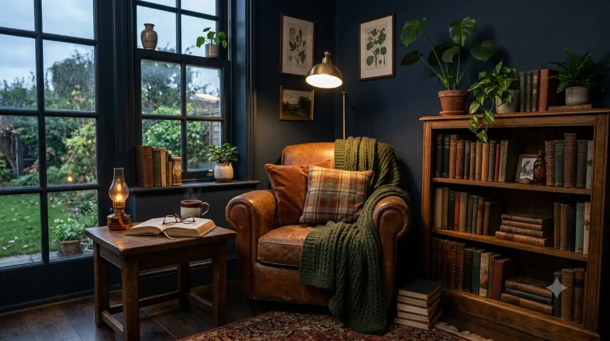 Moody Reading Corner with vintage armchair and dark wood bookshelf