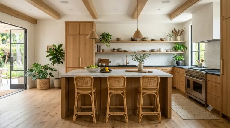 Organic Modern Kitchens featuring white oak cabinetry and travertine countertops