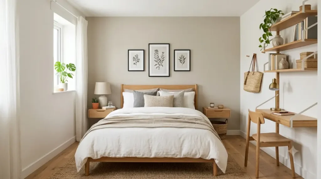 Small bedroom decor featuring cozy furnishings, smart storage solutions, and space-saving design ideas