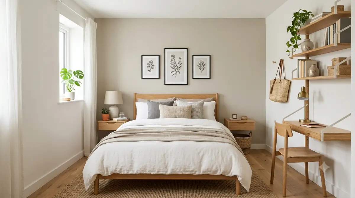 Small bedroom decor featuring cozy furnishings, smart storage solutions, and space-saving design ideas
